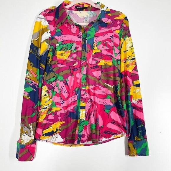 BCBGMaxAzria Tops - BCBGMAXAZRIA Pink Artsy Watercolor Print Button Down Long Sleeve Shirt Blouse MD